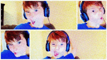 a collage of images of a person wearing headphones