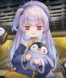 a girl with purple hair is holding a stuffed penguin with a red heart on its face