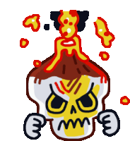 a cartoon drawing of a skull with a volcano erupting out of it