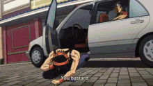 a cartoon character is kneeling down in front of a car and says you bastard