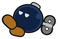 a cartoon drawing of a blue bomb with a brown foot and a clock on it .