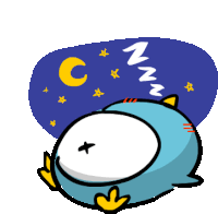 a cartoon drawing of a penguin sleeping with a moon and stars in the background