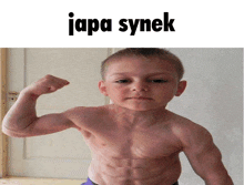 a young boy flexing his muscles with the word japa synek below him