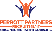 a logo for perrott partners recruitment shows two people with their hands in the air