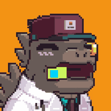 a pixel art drawing of a gorilla wearing a hat with the letter e on it