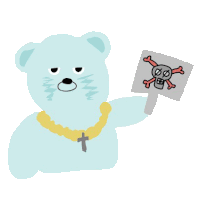 a teddy bear with a cross around his neck is holding a sign with a skull on it