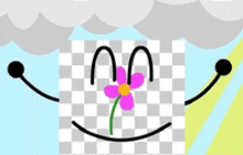 a cartoon character with a pink flower in its mouth