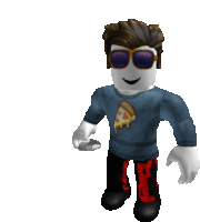 a roblox character wearing sunglasses and a pizza shirt