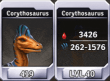 two cards showing a corythosaurus and lvl40