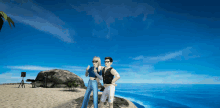 a man and a woman are standing on a beach near the water