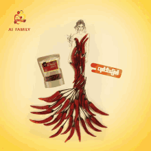 a drawing of a woman made out of red peppers next to a bag of a1 family products