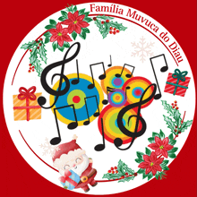 a christmas logo for familia muvua do diau with santa claus and music notes