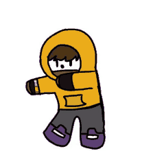 a cartoon character wearing a yellow hoodie and purple pants is dancing .