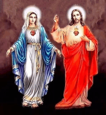 a painting of the virgin mary and jesus with their hearts .