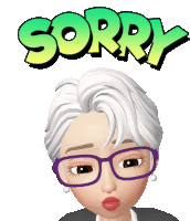 a cartoon girl with glasses and the word sorry above her head