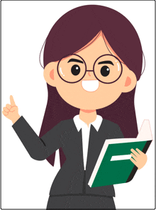 a cartoon illustration of a woman in a suit holding a book