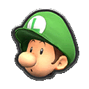 a cartoon character with a green hat and a white l on it .