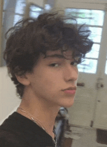 a young man with curly hair and a necklace is standing in front of a door .