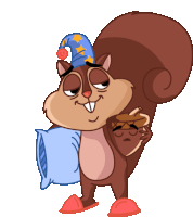 a cartoon squirrel is wearing a sleep cap and holding a pillow and a cookie