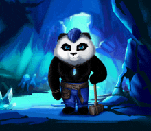 a panda bear with blue eyes and a blue mohawk holding a hammer