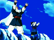 a man in a white cape stands on top of a mountain with his arms outstretched