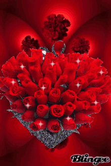 a heart shaped bouquet of red roses on a red background with the word blingee at the bottom