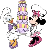 daisy duck and minnie mouse are holding a stack of cakes