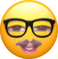 a yellow smiley face with black glasses and a mustache