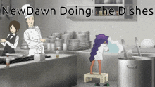 a cartoon of a girl standing on a stool with the words newdawn doing the dishes above her