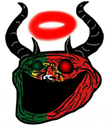 a cartoon of a troll face with horns and a red halo above it .