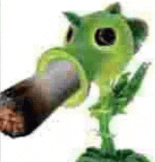 a green plant with a gas mask on smoking a cigarette .