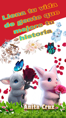 a picture of a rabbit holding a rose with the name anita cruz on the bottom