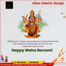 a poster for happy maha navami with a picture of a woman riding a lion