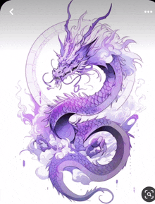 a purple dragon is surrounded by clouds and a white circle