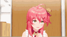 a 3d anime girl with pink hair and green eyes