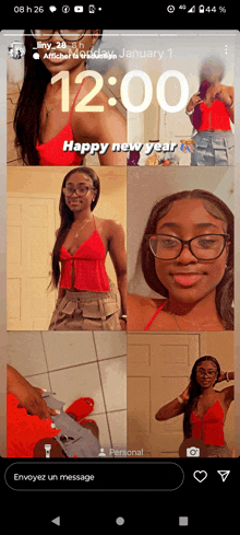 a phone screen shows a woman in a red top and glasses and says happy new year