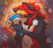 a cartoon drawing of two furry characters hugging