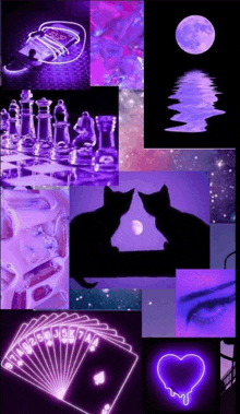 a collage of purple images including two cats playing cards and a chess board