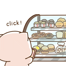 a cartoon of a pig looking at a display case of food with the words click written below it