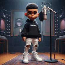 a boy wearing a yandiel hoodie is standing in front of a microphone