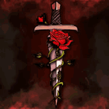 a drawing of a sword with a rose wrapped around it