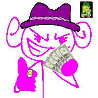 a cartoon character with a purple hat is holding a fan of money