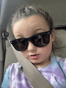 a little girl wearing sunglasses is sitting in a car