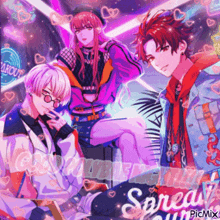 a group of anime characters are standing next to each other in a room with purple lights .