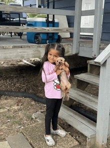 a little girl holding a small dog wearing a hello kitty shirt