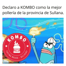 a cartoon of spongebob holding a torch with a kombo logo