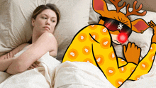 a woman is laying in bed next to a cartoon reindeer with a dollar sign on his head