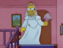 homer simpson is dressed as a bride and holding a bouquet of flowers .