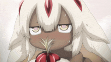 a cartoon character with white hair and a red flower in her mouth