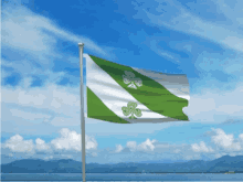 a green and white flag with a clover on it is flying in the wind